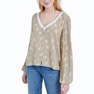 Hippie Rose Floral Crochet Trim Blouse Long Sleeve Top Size Medium Junior